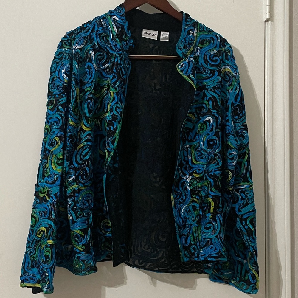 Chico's Swirl Velvet Burnout Cardigan Jacket in Blue & Green